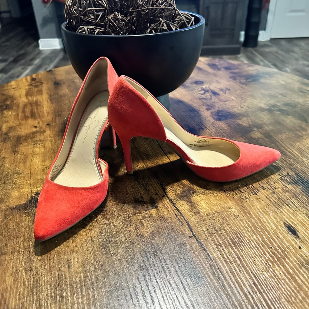 Jessica Simpson Red Orange Suede Heels with Pointed Toe
Bundle & Save!